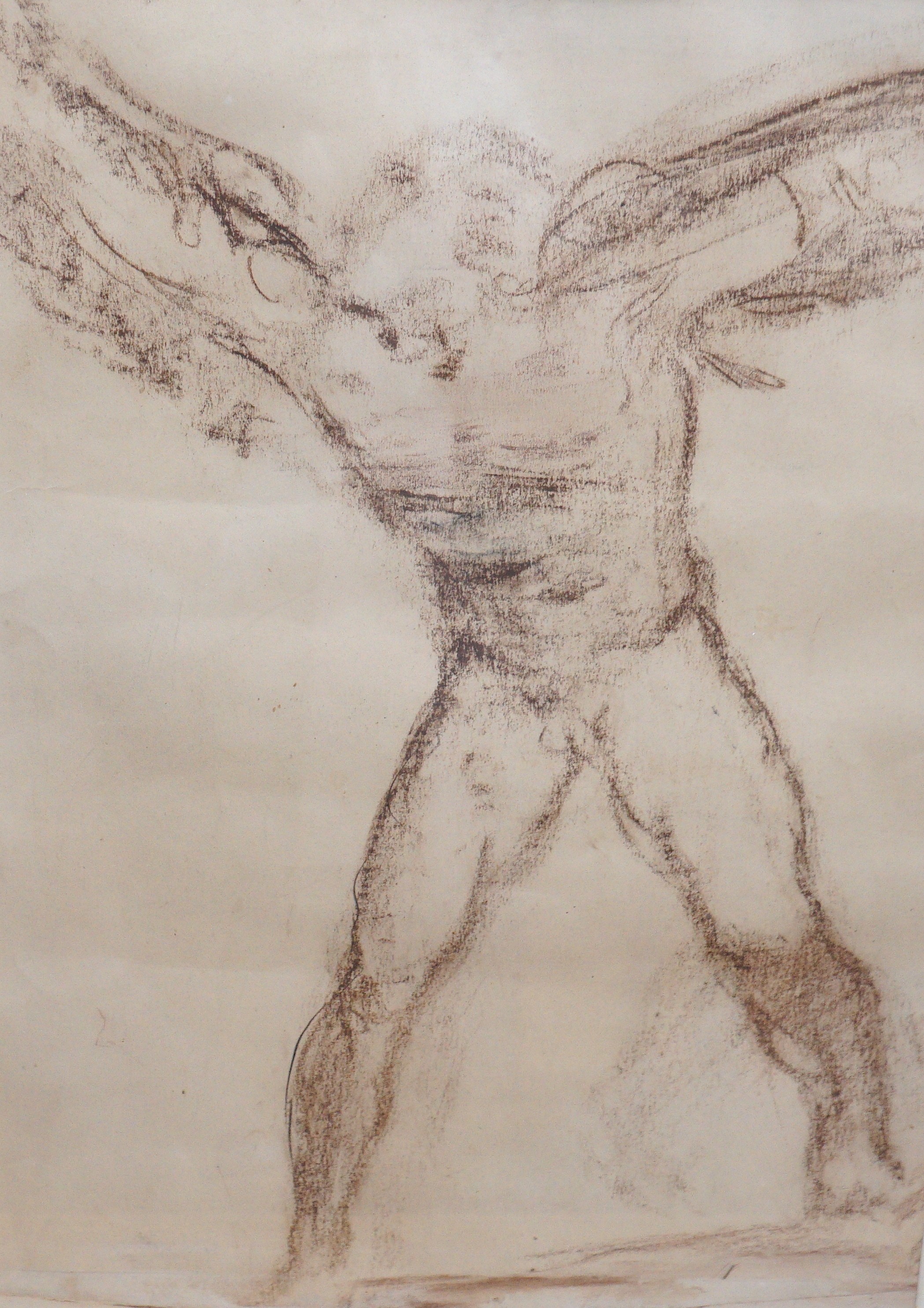 Modern British, brown chalk on paper, Study of a winged figure, 44 x 32cm